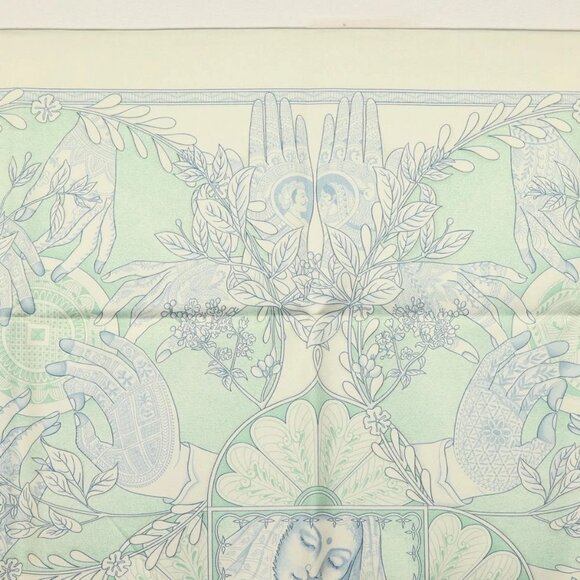 HERMES Carre 90 Scarf ""Les chants du Henne"" Silk Peppermint Auth am8731 - Picture 7 of 15